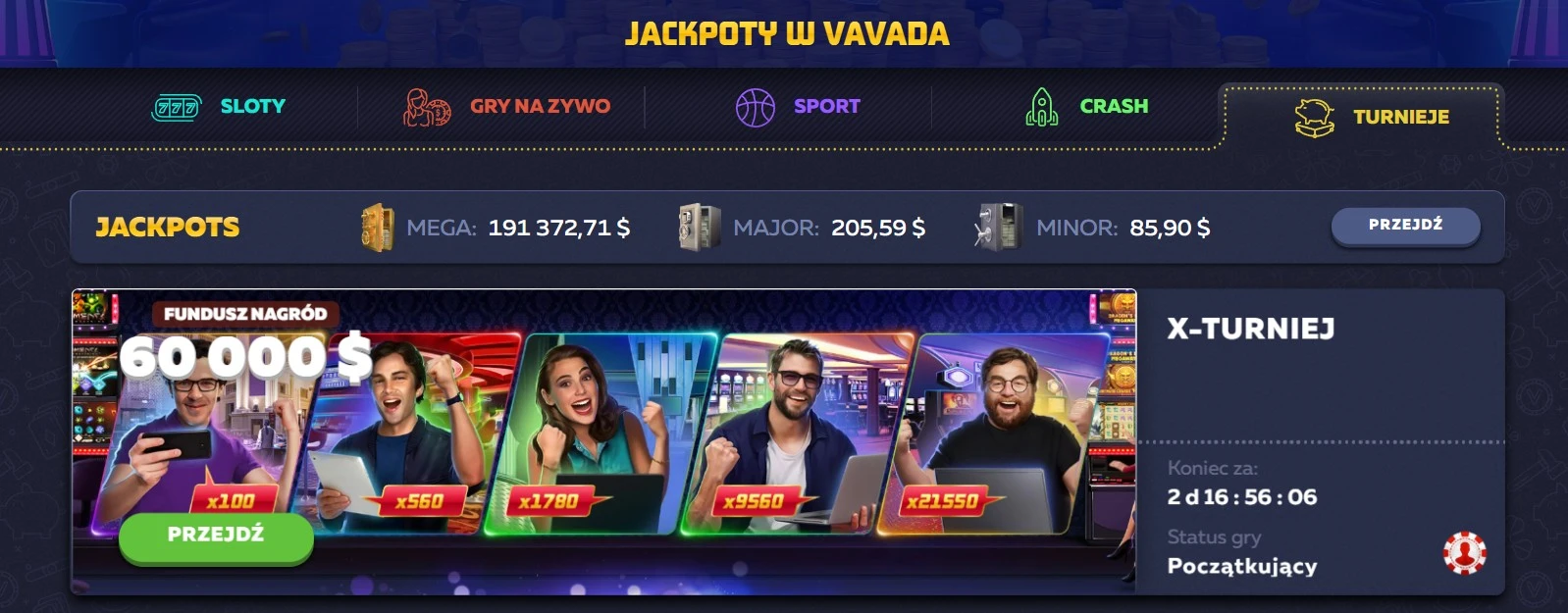 Turnieje Vavada — widok interfejsu